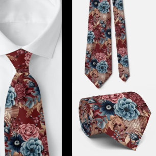 Burgundy Blue Periwinkle Blush Pink Floral Neck Tie