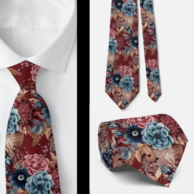 Burgundy Blue Periwinkle Blush Pink Floral Neck Tie (Creator Uploaded)