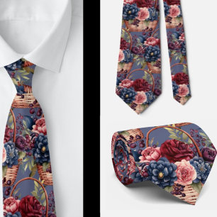 Burgundy Blue Periwinkle Blush Pink Floral Neck Tie