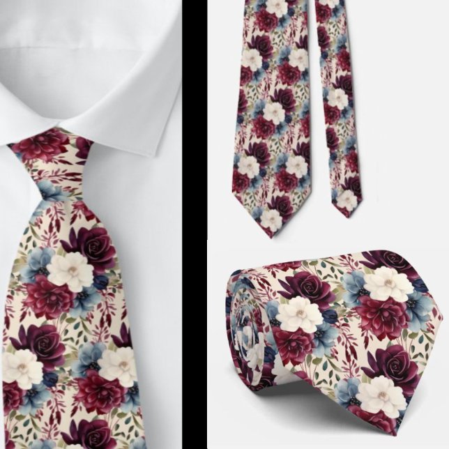 Burgundy Blue Periwinkle Ivory Floral Neck Tie (Creator Uploaded)
