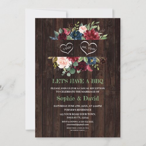 Burgundy Blue Pink Floral Frame Barn I DO BBQ Invitation