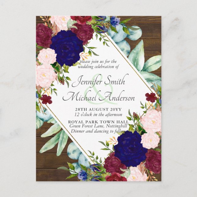 Burgundy Blue Pink Floral Save Date Wedding Invite (Front)