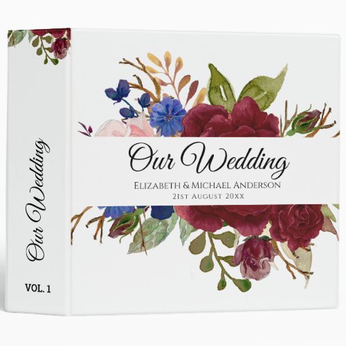 Burgundy Blue Pink Flowers Newlyweds Wedding Gifts 3 Ring Binder