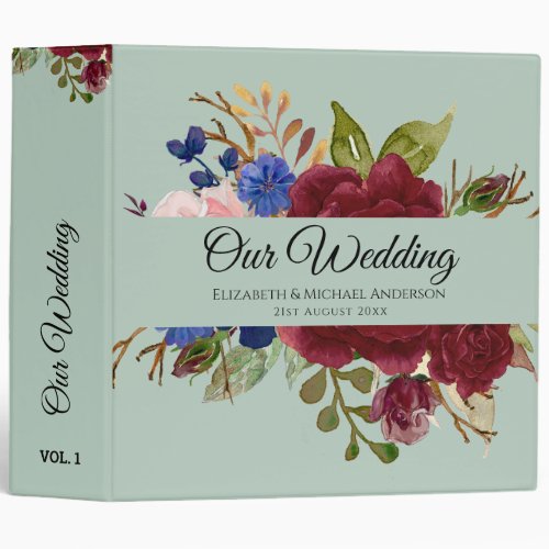 Burgundy Blue Pink Flowers Newlyweds Wedding Gifts 3 Ring Binder