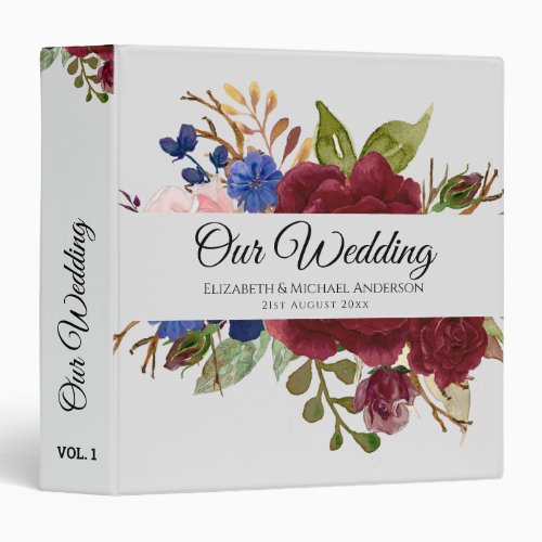 Burgundy Blue Pink Flowers Newlyweds Wedding Gifts 3 Ring Binder