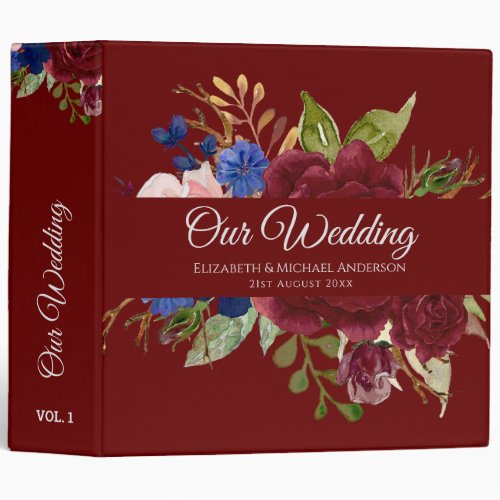 Burgundy Blue Pink Flowers Newlyweds Wedding Gifts 3 Ring Binder