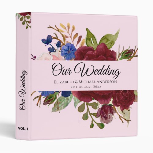 Burgundy Blue Pink Flowers Newlyweds Wedding Gifts 3 Ring Binder