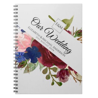 Burgundy Blue Pink Flowers Newlyweds Wedding Gifts Notebook