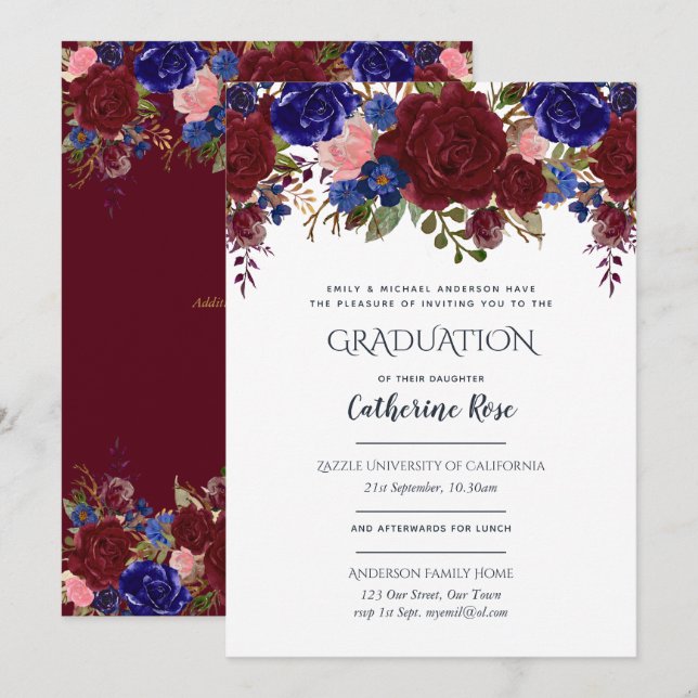 Burgundy Blue Pink Graduation Ceremony + Reception Invitation (Front/Back)