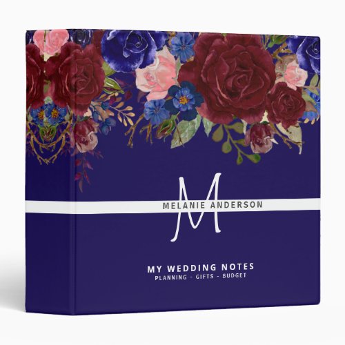 Burgundy Blue Pink Roses Flowers Wedding Planner 3 Ring Binder