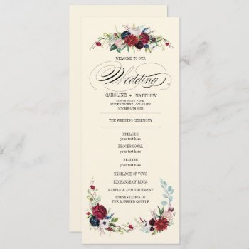 Burgundy | Blue | Red Floral Creme Wedding Program by YourWeddingDay at Zazzle