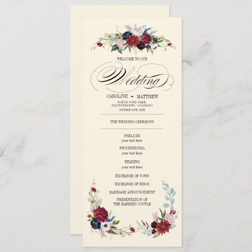 Burgundy  Blue  Red Floral Creme Wedding Program