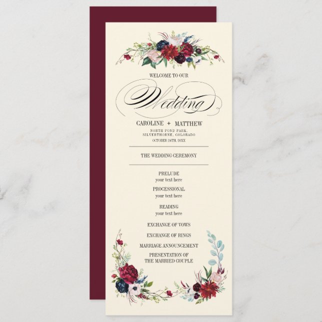 Burgundy | Blue | Red Floral Creme Wedding Program (Front/Back)