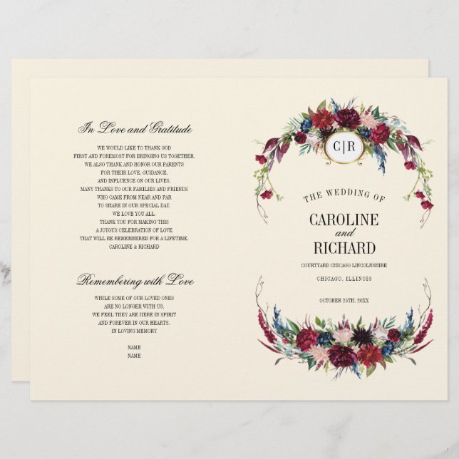 Burgundy | Blue | Red Floral Creme Wedding Program (Front/Back)