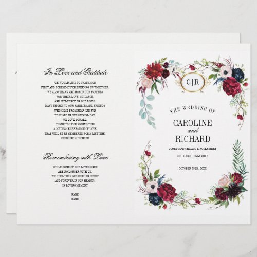 Burgundy  Blue  Red Floral Wedding Program