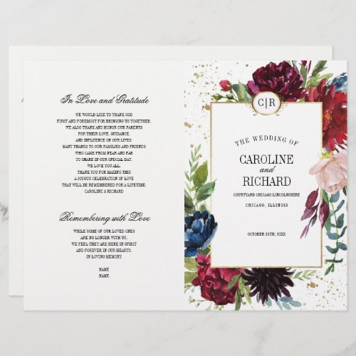 Burgundy  Blue  Red Floral Wedding Program