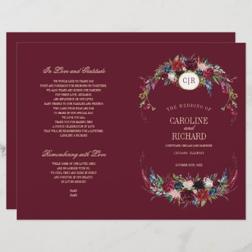 Burgundy  Blue  Red Floral Wedding Program