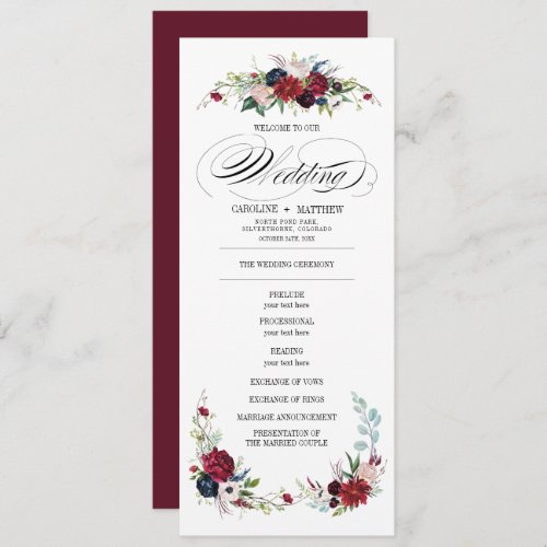 Burgundy  Blue  Red Floral Wedding Program