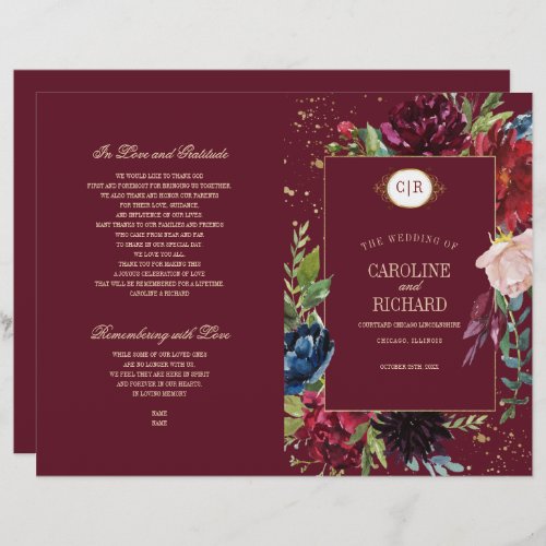 Burgundy  Blue  Red Floral Wedding Program