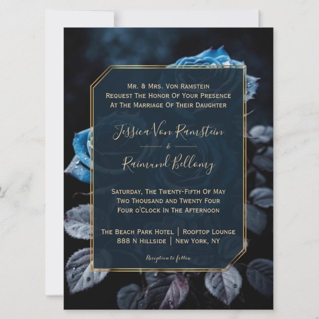 Burgundy Blue Roses Wedding  Invitation (Front)