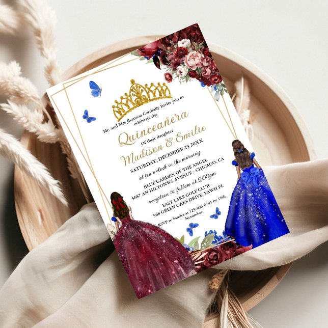 Burgundy & blue Royal Butterfly Twin Quinceanera  Invitation (Creator Uploaded)