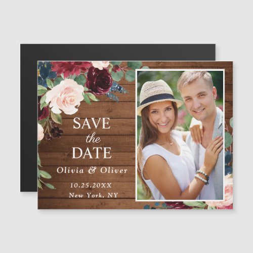 Burgundy Blue Rustic Save the Date Magnetic Card