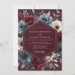 Burgundy & Blue Shadowy Bloom Wedding Invitation