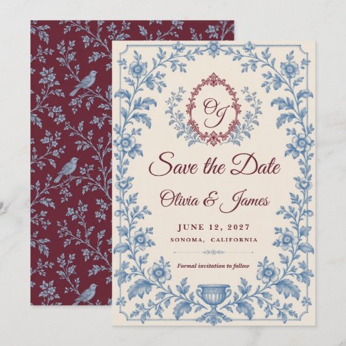 Burgundy Blue Toile Monogram Wedding Save the Date