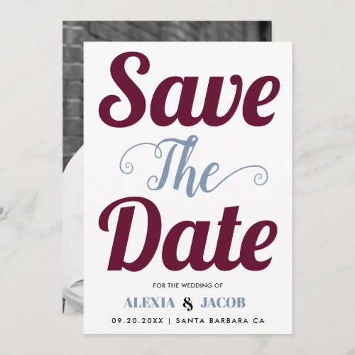 Burgundy blue typography and photo on the back save the date