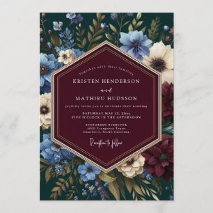 Burgundy & Blue Vintage Floral Wedding Invitation