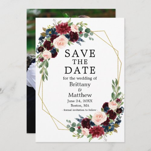 Burgundy Blue Watercolor Floral Geo Frame Photo Save The Date