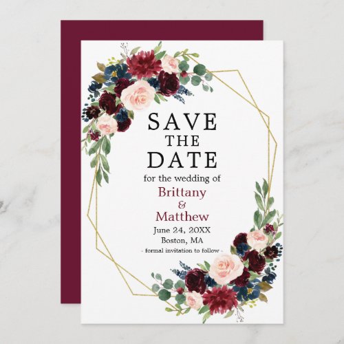 Burgundy Blue Watercolor Floral Geo Frame Save The Date