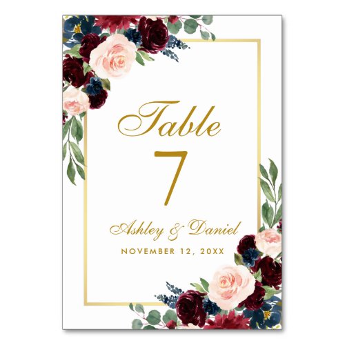 Burgundy Blue Watercolor Floral Gold Wedding Table Number