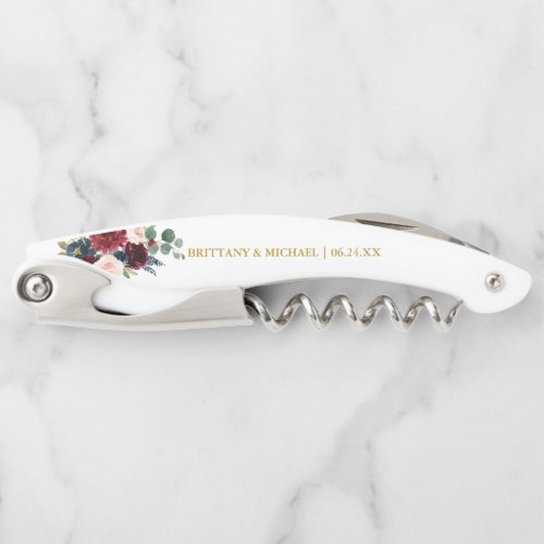 Burgundy Blue Watercolor Floral Gold Wedding Waiters Corkscrew