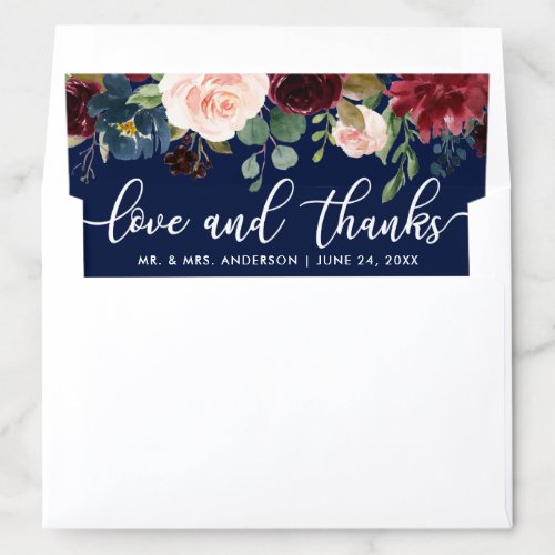 Burgundy Blue Watercolor Floral Love Thanks Names Envelope Liner