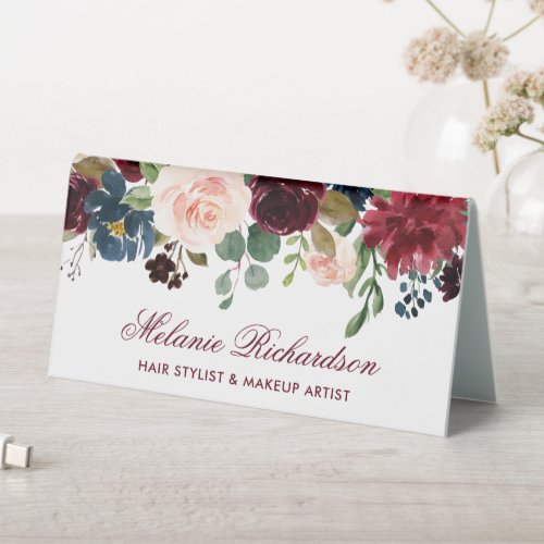 Burgundy Blue Watercolor Floral Name Sign