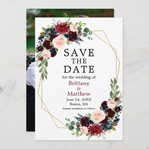 Burgundy Blue Watercolor Floral Photo Geo Frame Save The Date
