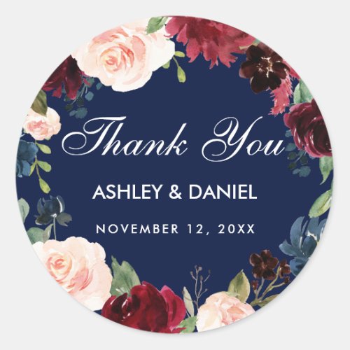 Burgundy Blue Watercolor Floral Wedding Thank You Classic Round Sticker