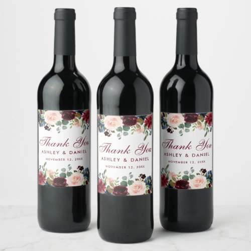 Burgundy Blue Watercolor Floral Wedding Wine Label