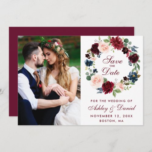 Burgundy Blue Watercolor Floral Wreath Wedding B Save The Date