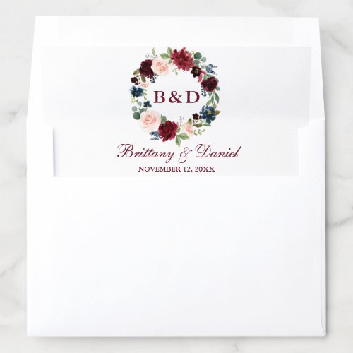 Burgundy Blue Watercolor Floral Wreath Wedding Envelope Liner