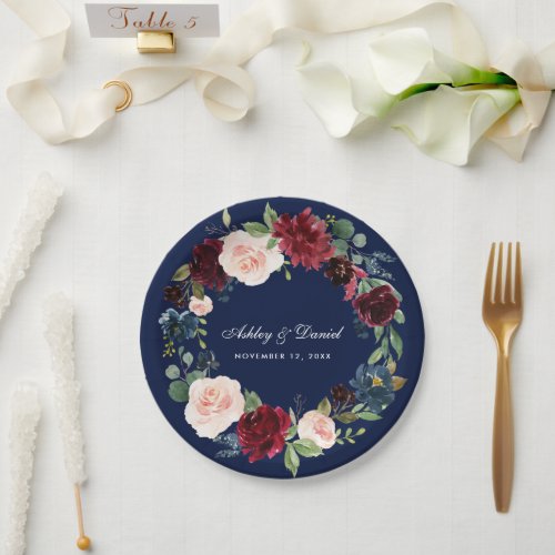 Burgundy Blue Watercolor Floral Wreath Wedding Paper Plates