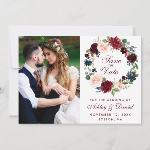 Burgundy Blue Watercolor Floral Wreath Wedding Save The Date