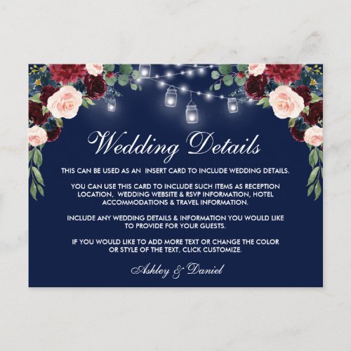 Burgundy Blue Wedding Details Insert Card B