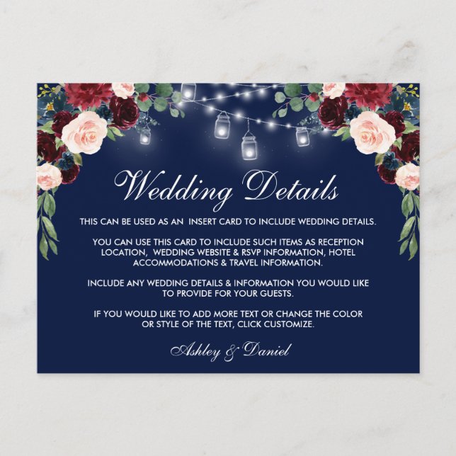 Burgundy Blue Wedding Details Insert Card B (Front)