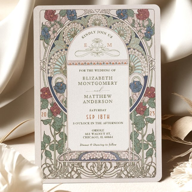 Burgundy Blue Wedding Invitations Art Nouveau (Creator Uploaded)