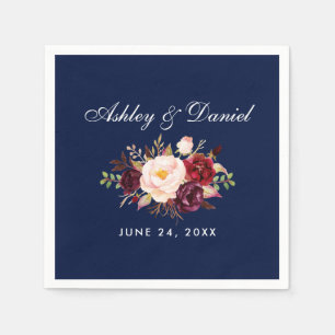 Burgundy Blue Wedding Watercolor Floral Napkins