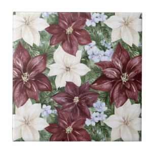 Burgundy Blue White Floral Ceramic Tile