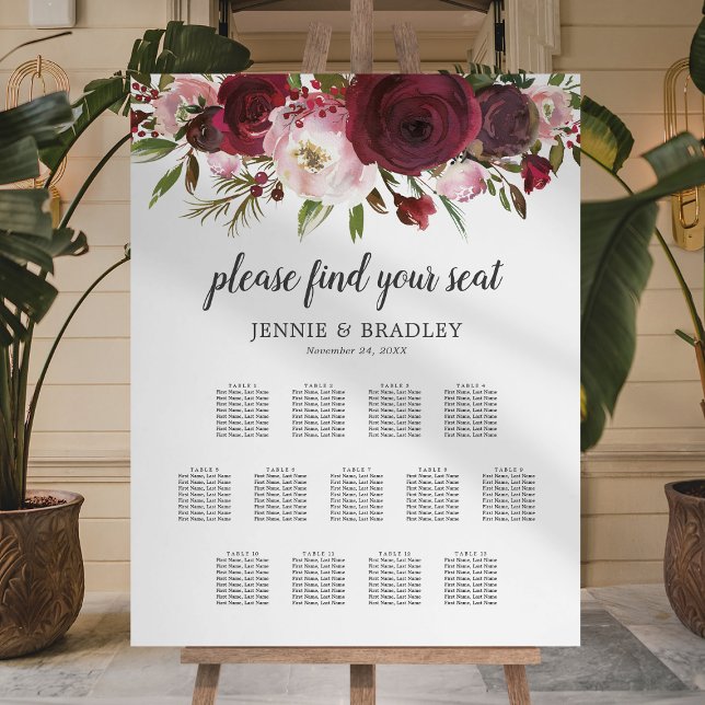 Burgundy Blush 13 Table Wedding Seating Chart Foam Board (Creator Uploaded)