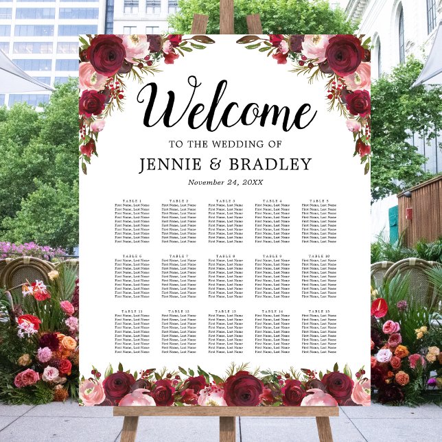 Burgundy Blush 15 Table Wedding Seating Chart Foam Board (Creator Uploaded)